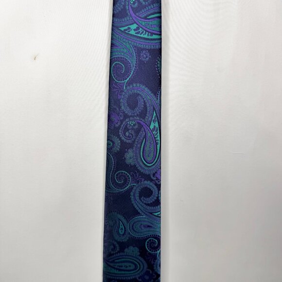 Hisdern Men's Neck Tie 3 ½” Purple Teal Paisley Handmade Necktie - Picture 2 of 10